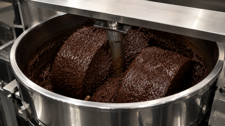 Ambachtelijke steenmelanger met ceremoniële cacao tijdens de productie van Medicine Magic