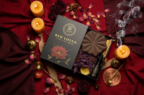 Red Lotus angled flat lay